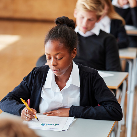 mock exam being undertaken by student at school in hall